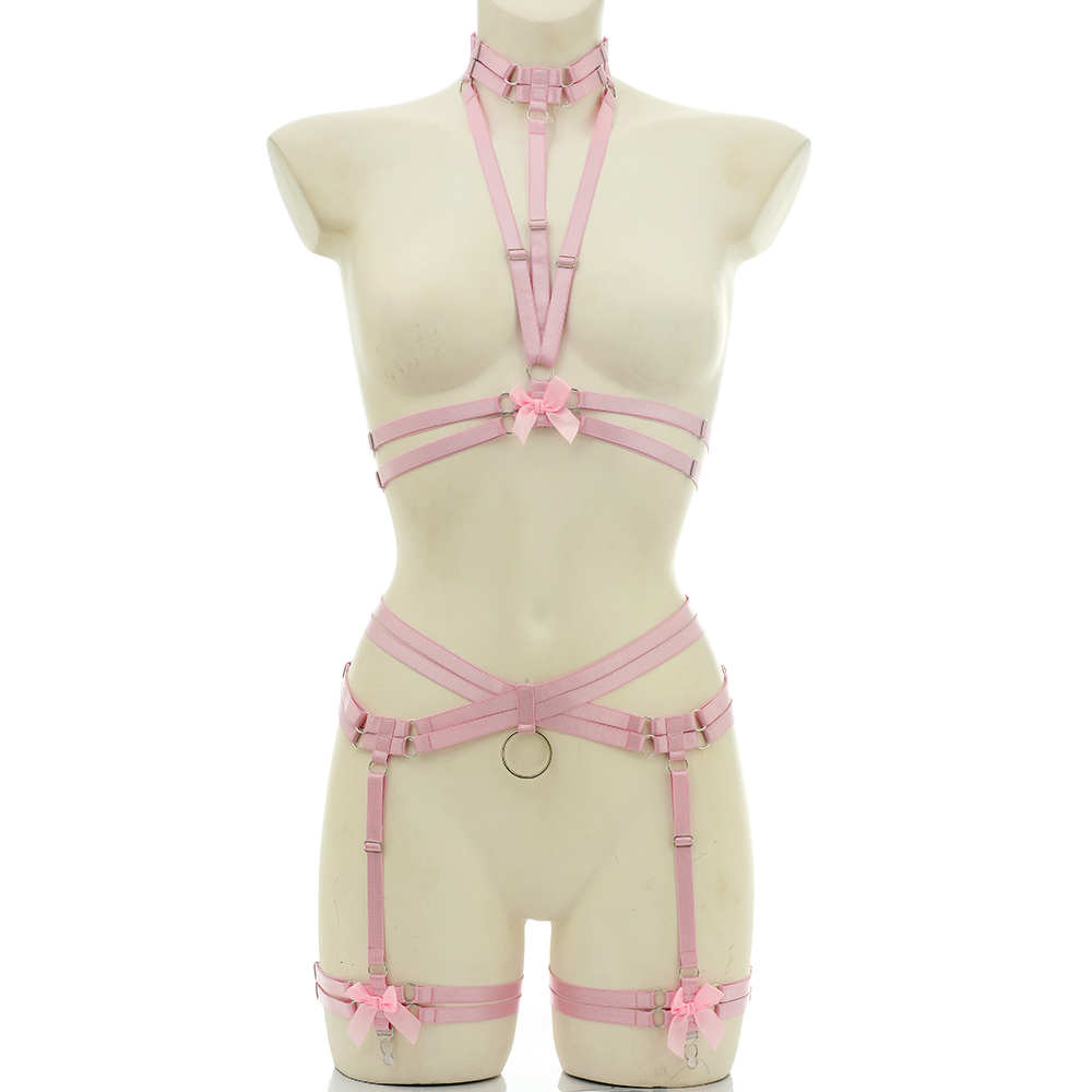 Garter Belt Set - Elastischer Bondage-Körpergeschirrgürtel für Frauen, Pastell-Gothic-Schleife, Körperkäfig,