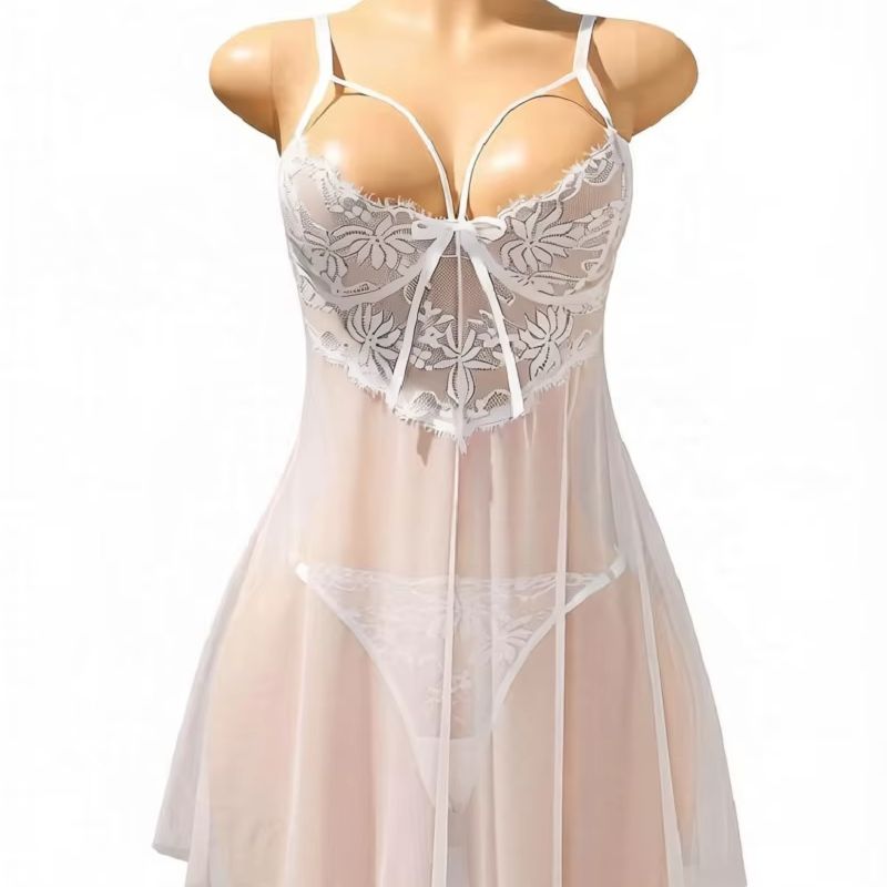 Babydoll Chemise Night - Damen Weißes Spitzen-Babydoll Negligé Transparentes Netz-Nachthemd