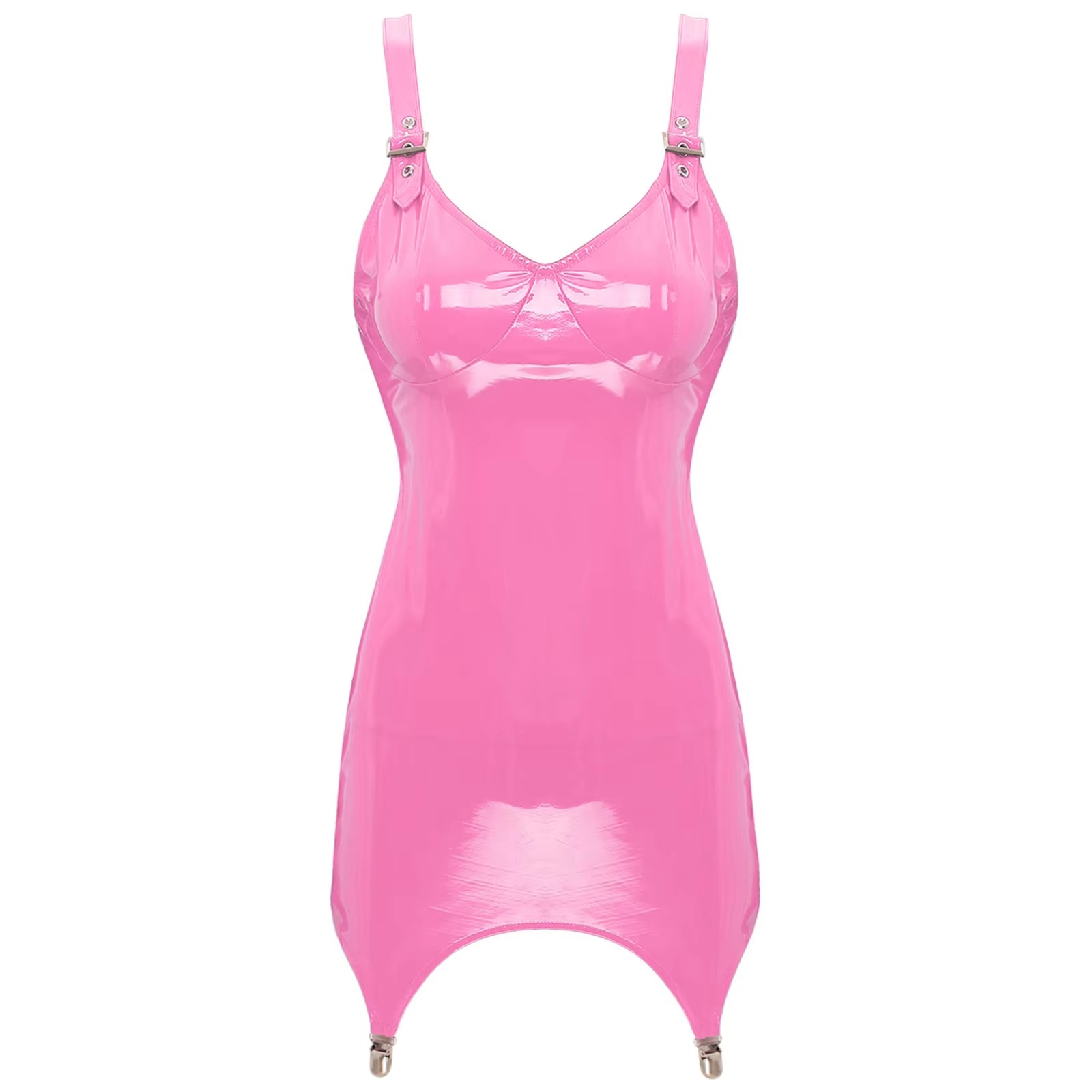 Babydoll Chemise Night - Damen glänzend metallisch PVC Leder V-Ausschnitt